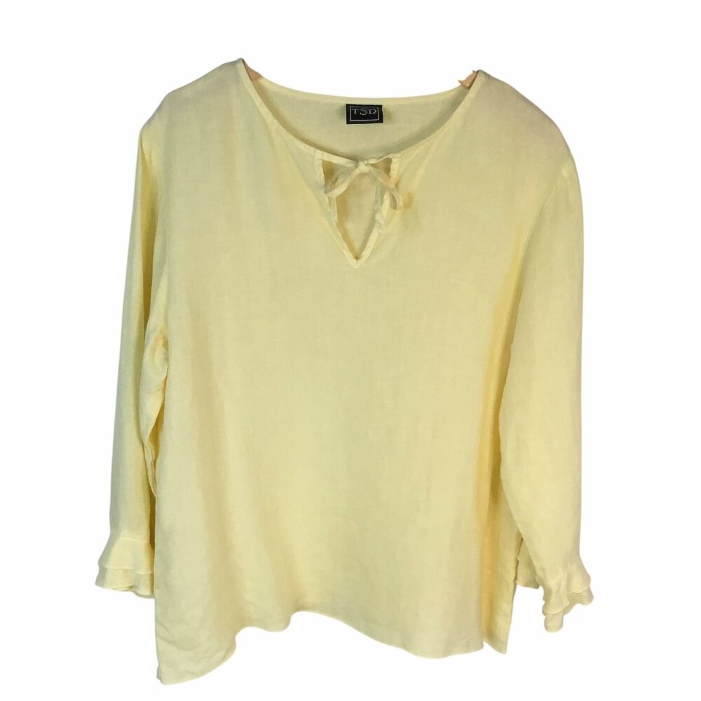 TSD Women Butter Yellow 100% Linen Tie Neck Blouse Boho Ruffle Sleeve USA L Top